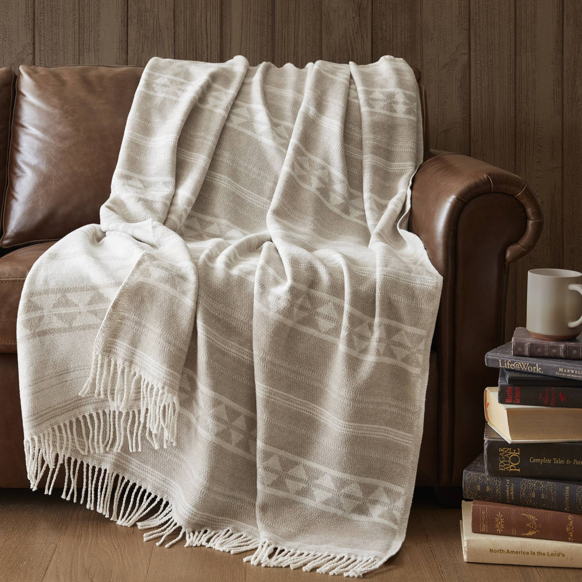 1-Piece 50x60" Cotton Blend Throw, Ivory Stripe