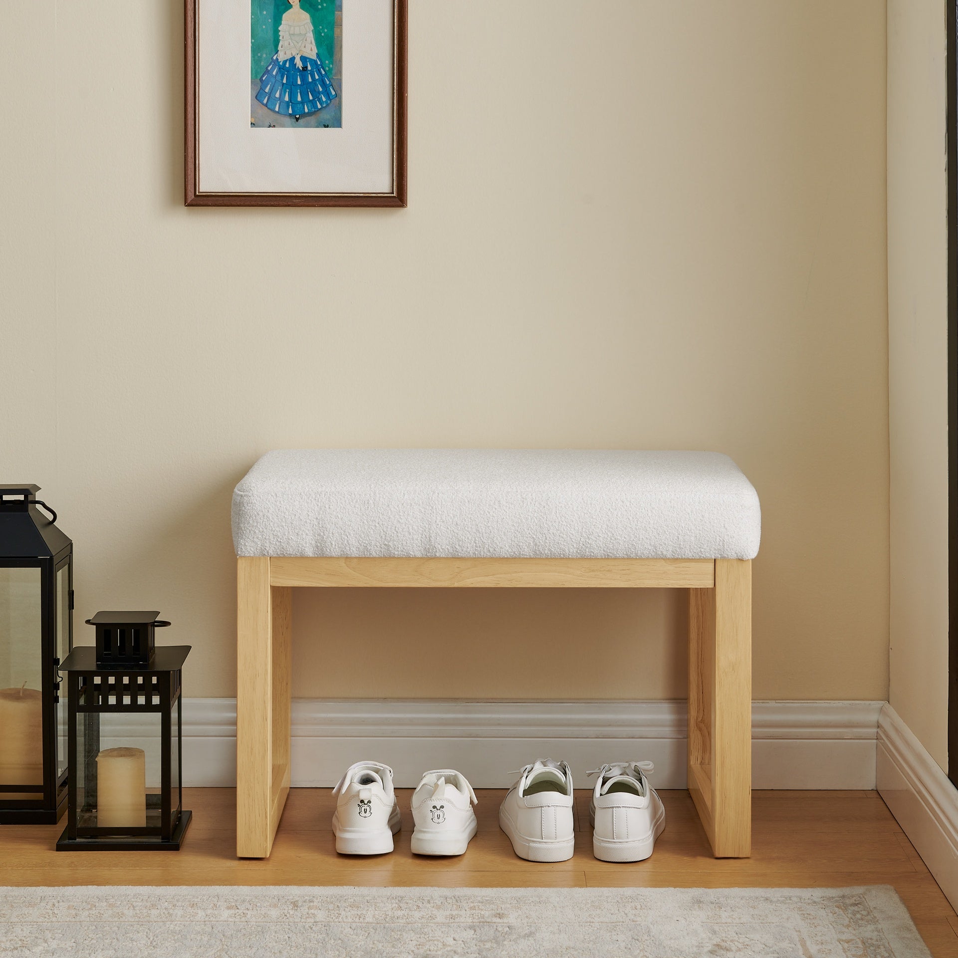 Shoe-changing bench, a shoe-changing bench with a wooden frame and a soft cushioned seat, can be placed freely and is suitable for small spaces without taking up much space - Beige