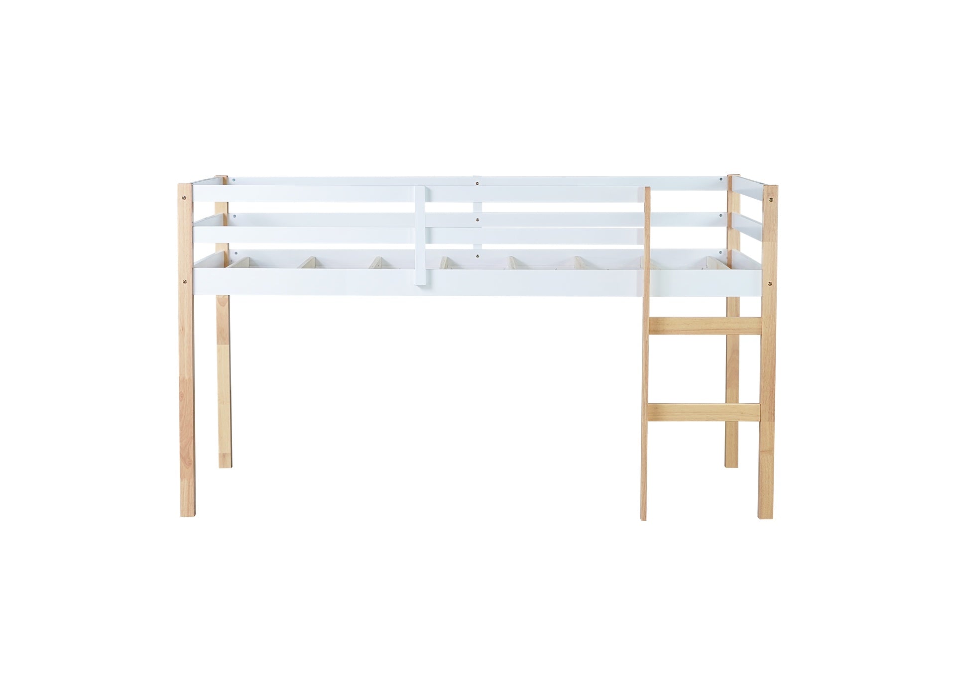 Solid Wooden, Rubber Wooden Twin Loft Bed with Ladder, Bed Platform of Strengthened Slats,Natural-white