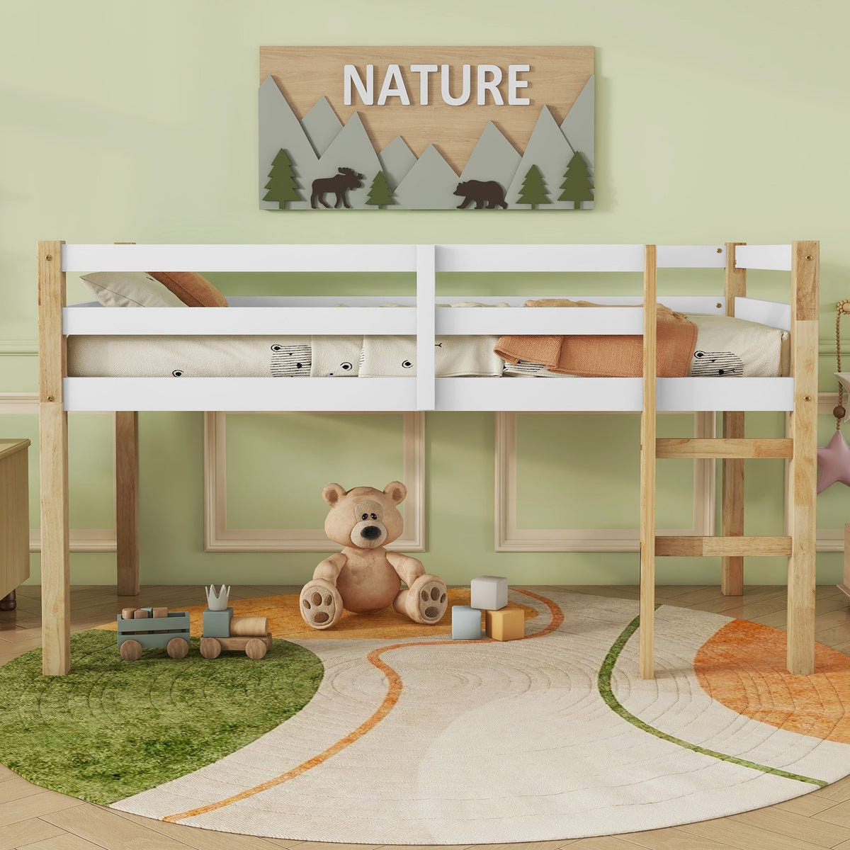 Solid Wooden, Rubber Wooden Twin Loft Bed with Ladder, Bed Platform of Strengthened Slats,Natural-white