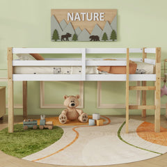 Solid Wooden, Rubber Wooden Twin Loft Bed with Ladder, Bed Platform of Strengthened Slats,Natural-white