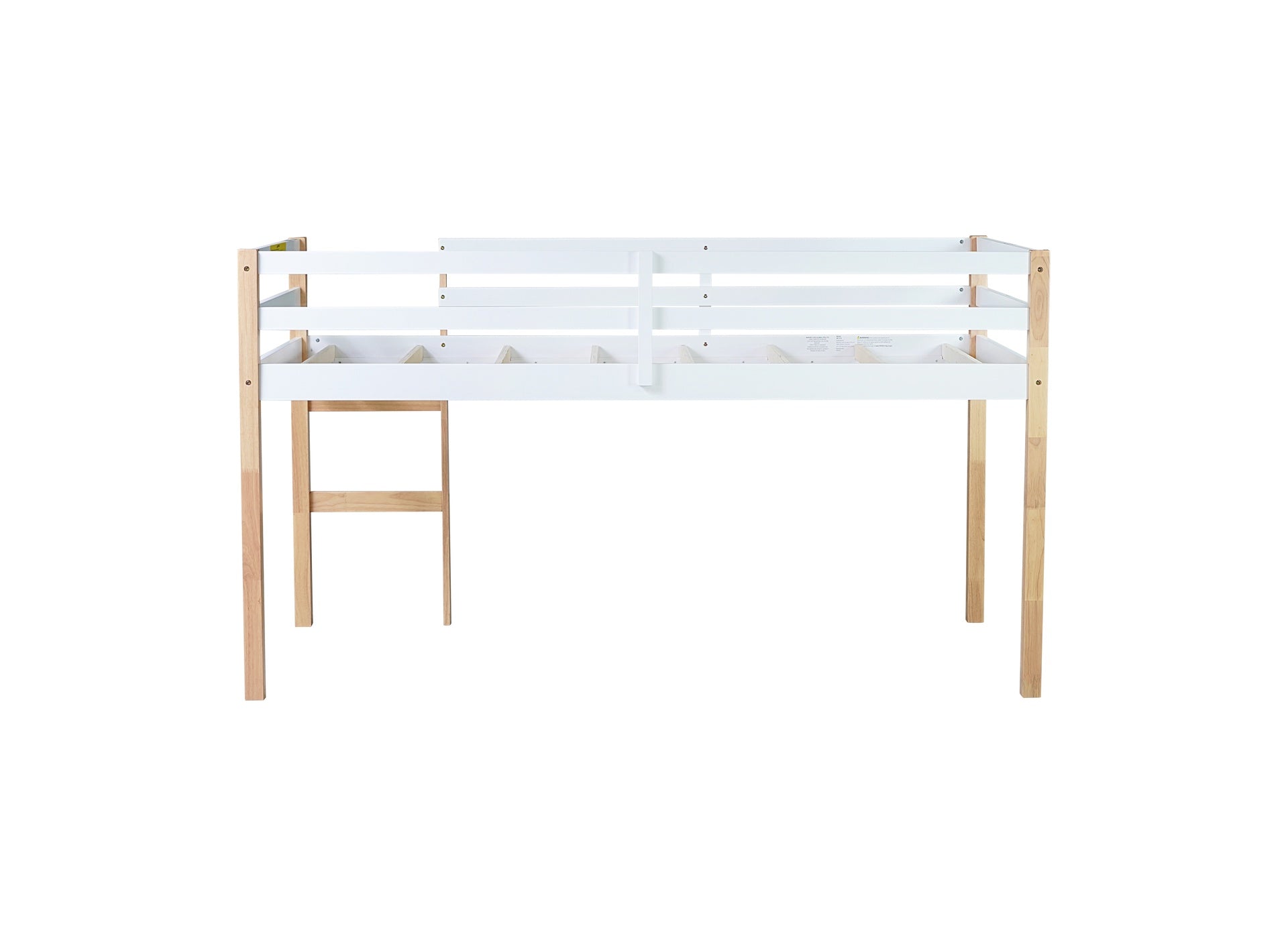 Solid Wooden, Rubber Wooden Twin Loft Bed with Ladder, Bed Platform of Strengthened Slats,Natural-white