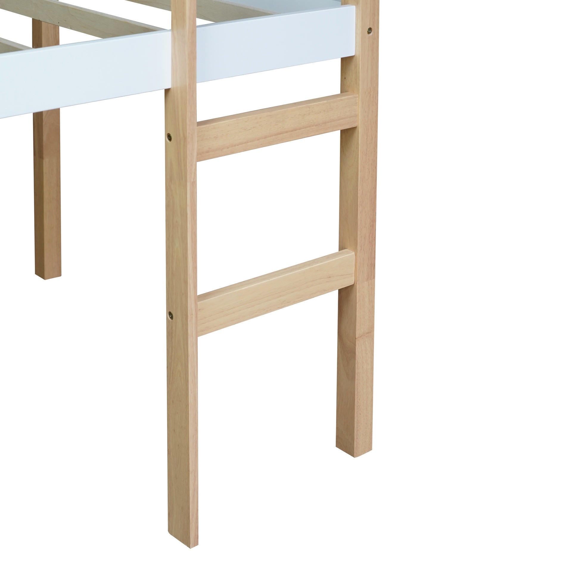 Solid Wooden, Rubber Wooden Twin Loft Bed with Ladder, Bed Platform of Strengthened Slats,Natural-white