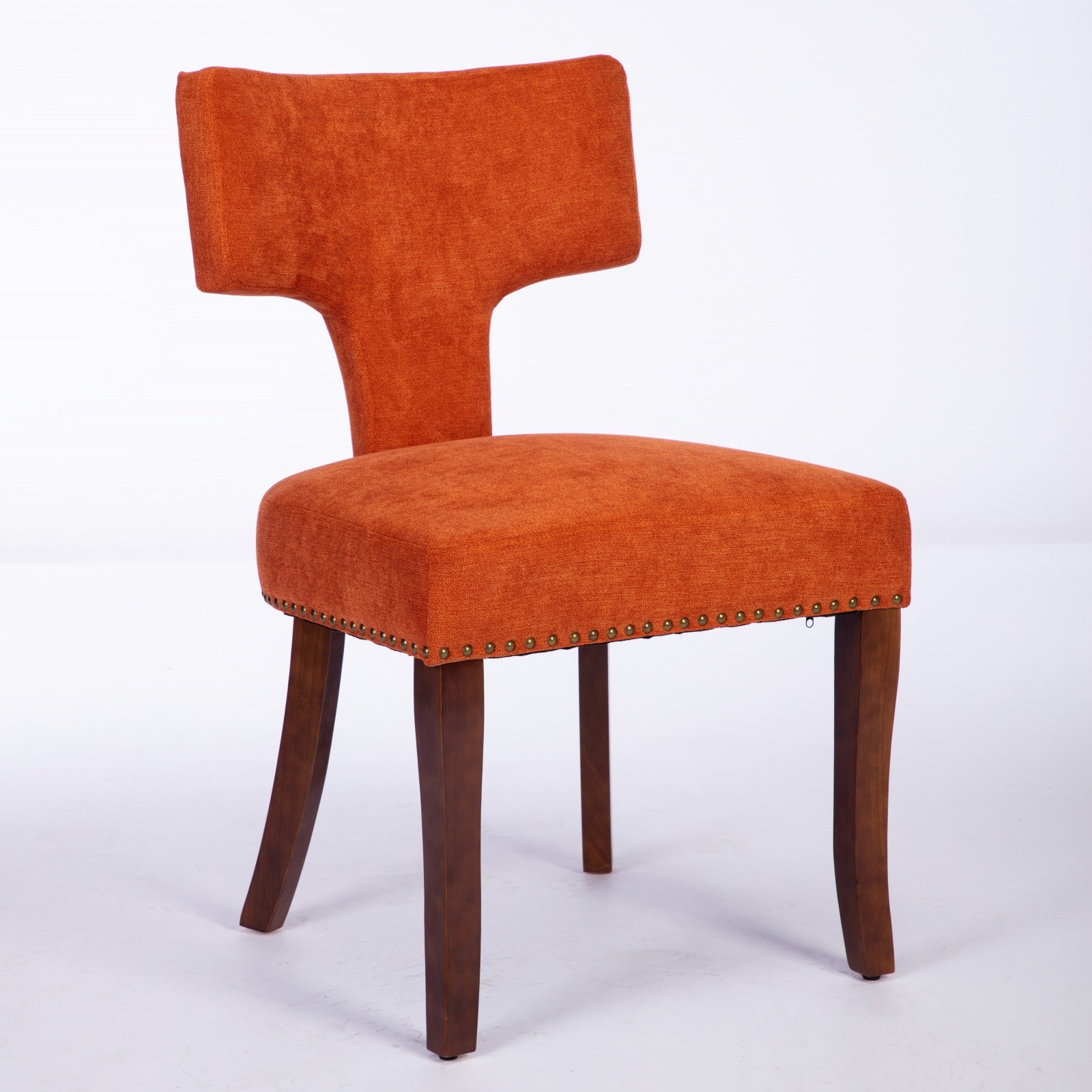 Mid Century Modern Dining Chairs Set of 2, Farmhouse Linen Fabric Upholstered Accent Chair Curved Backrest with Copper Nails around,Kitchen Chairs with Hardwood Frame, Orange