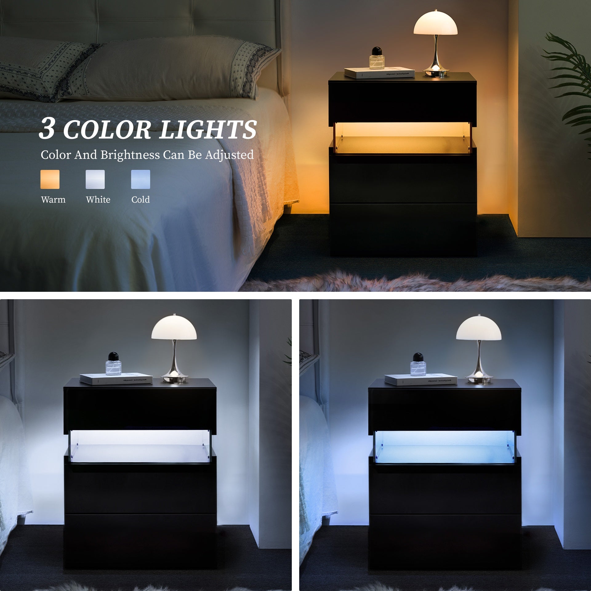 LED Nightstands 3 Drawer Dresser for Bedroom End Table with Acrylic Board LED Bedside Tables (Black)