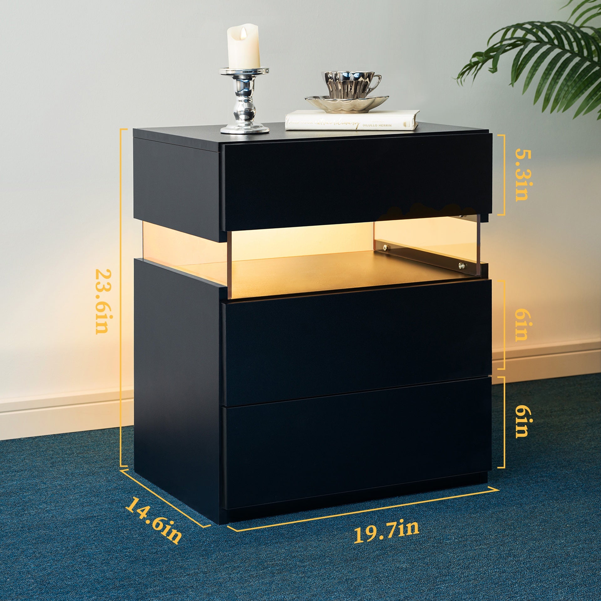 LED Nightstands 3 Drawer Dresser for Bedroom End Table with Acrylic Board LED Bedside Tables (Black)