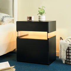 LED Nightstands 3 Drawer Dresser for Bedroom End Table with Acrylic Board LED Bedside Tables (Black)