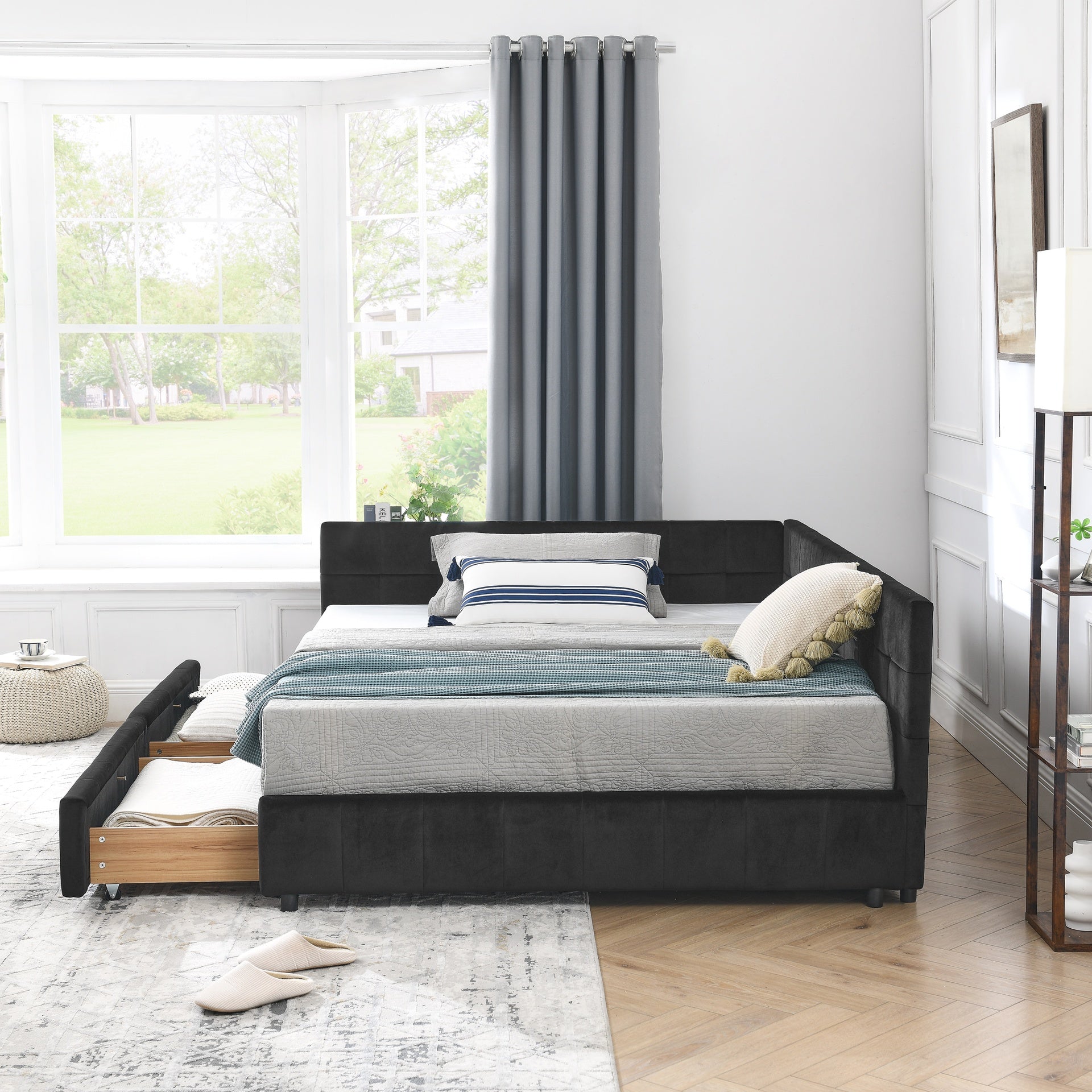 Full Size Storage Upholstered Tufted Bed Frame, Sofa Bed Frame with Comfortable Backrest and Armrests, Full Size Bed for Bedroom, Living Room,Velvet, BLACK(80.5''*59''*29.5'')
