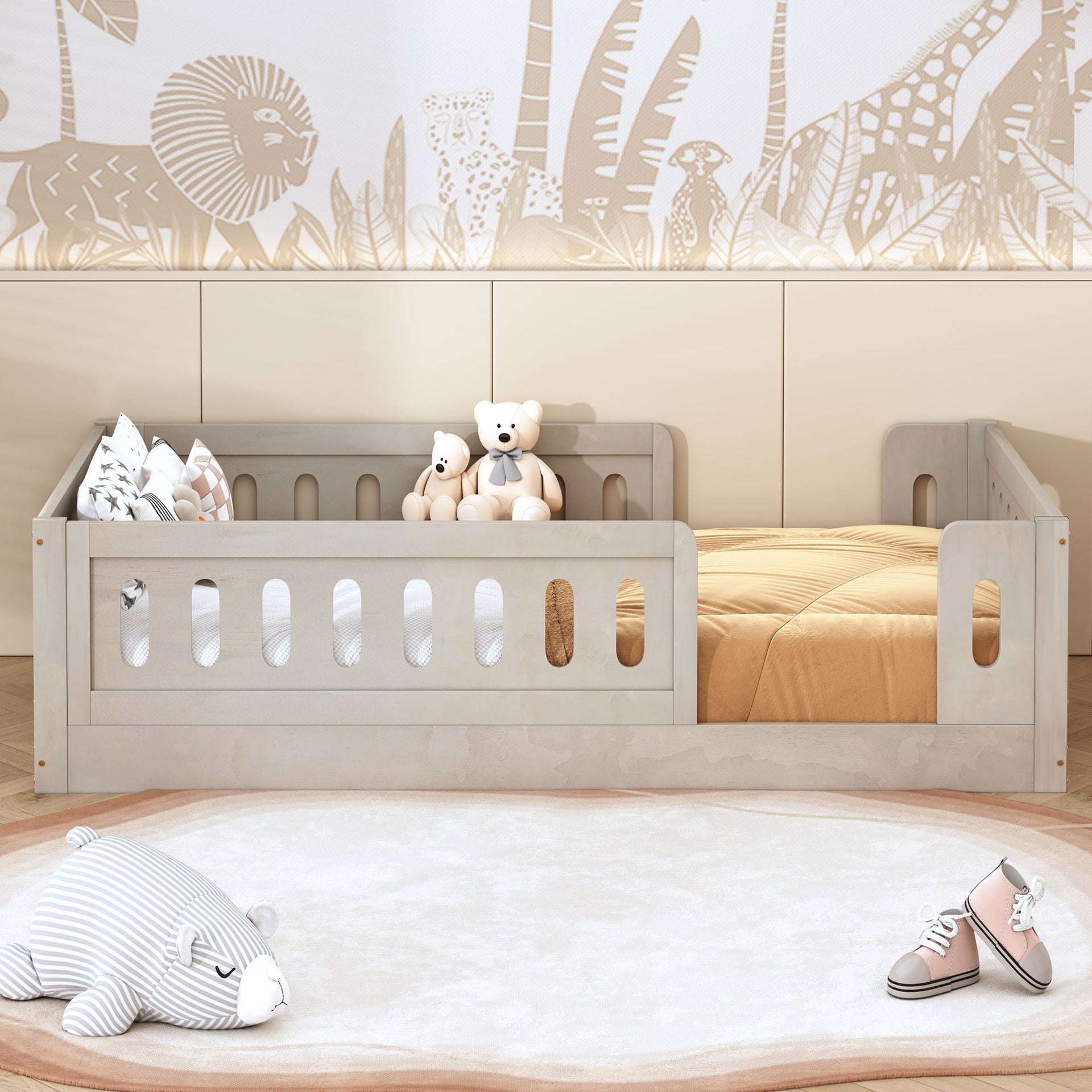 Wood Twin Size Platform Bed with Guardrail, Natural
