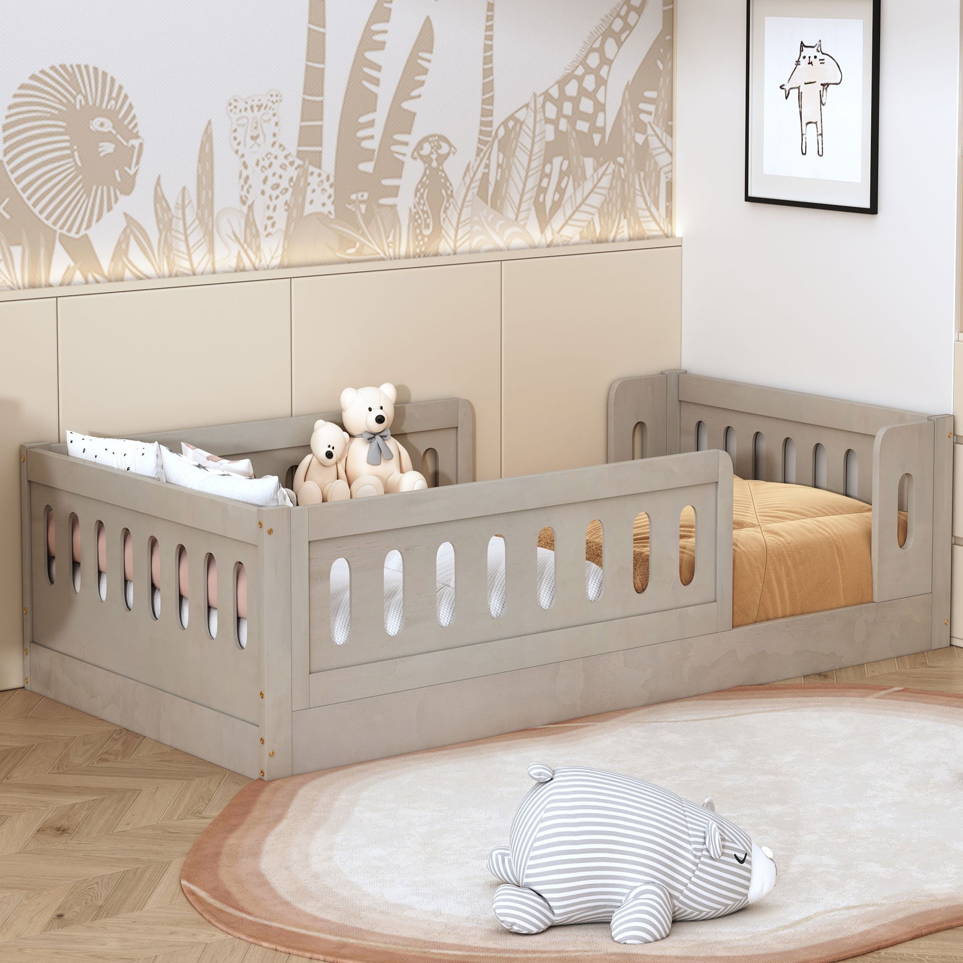 Wood Twin Size Platform Bed with Guardrail, Natural