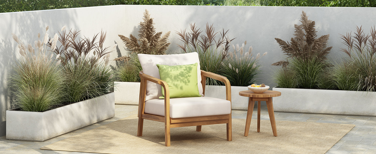 28" Outdoor Lounge Chair with Woven Backrest, Solid Wood Frame, Comfortable Cushions, and Curved Armrests for Patio or Garden