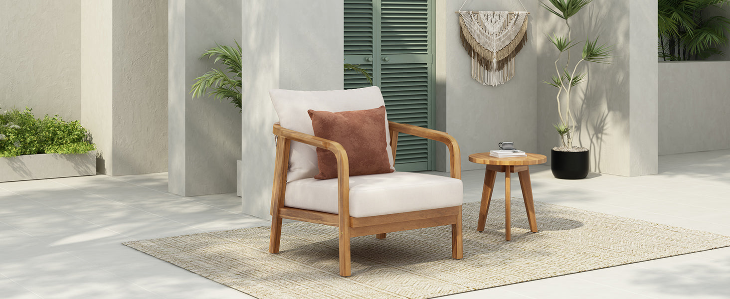 28" Outdoor Lounge Chair with Woven Backrest, Solid Wood Frame, Comfortable Cushions, and Curved Armrests for Patio or Garden