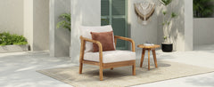 28" Outdoor Lounge Chair with Woven Backrest, Solid Wood Frame, Comfortable Cushions, and Curved Armrests for Patio or Garden