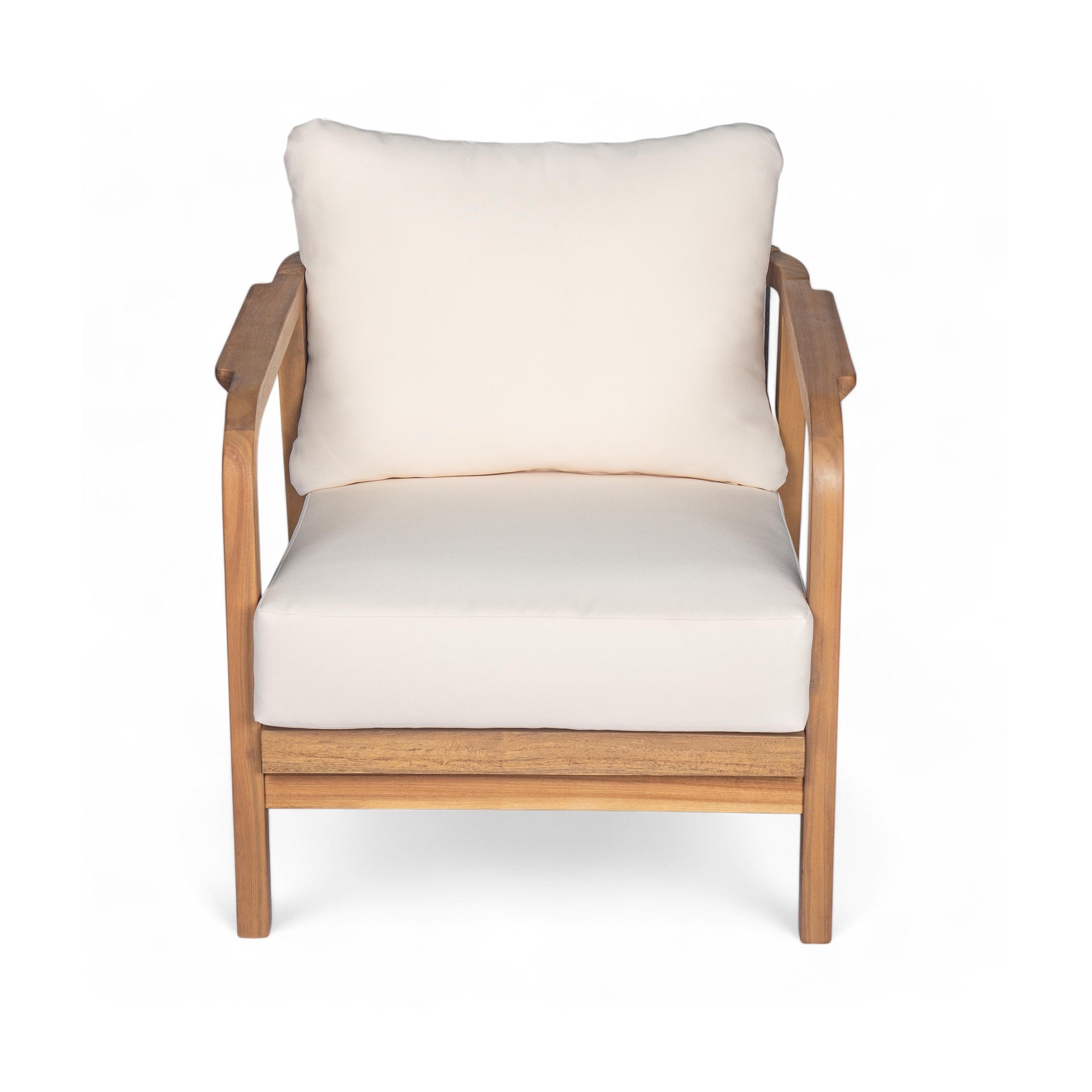 28" Outdoor Lounge Chair with Woven Backrest, Solid Wood Frame, Comfortable Cushions, and Curved Armrests for Patio or Garden