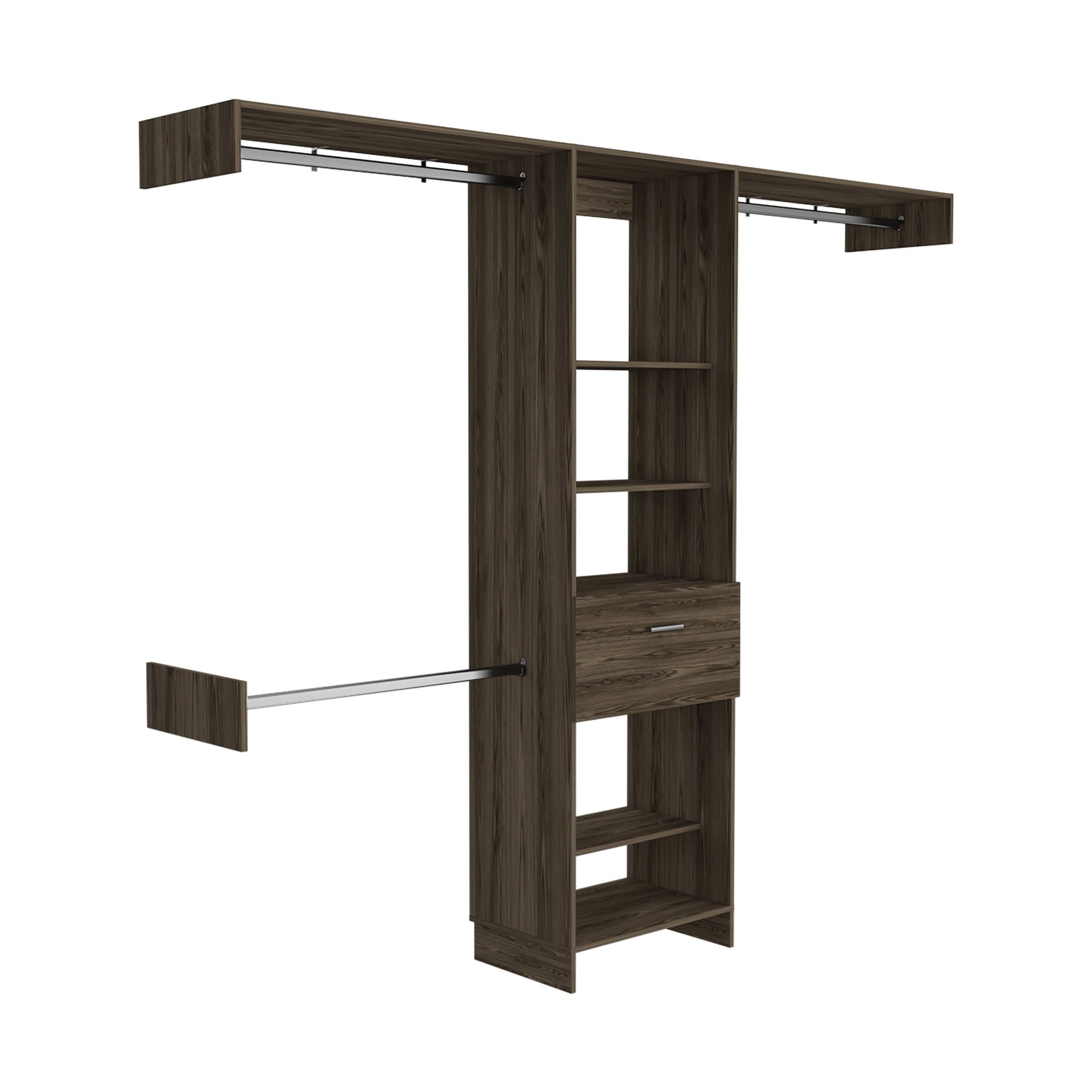 Cross Closet System, One Drawer, Three Metal Rod, Five Open Shelves