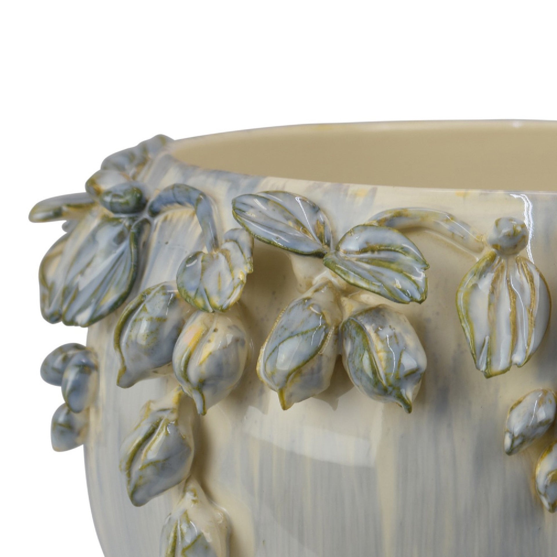 Decorative Bowl Planter, White Ceramic with Floral Garland Rim, 12 Inch