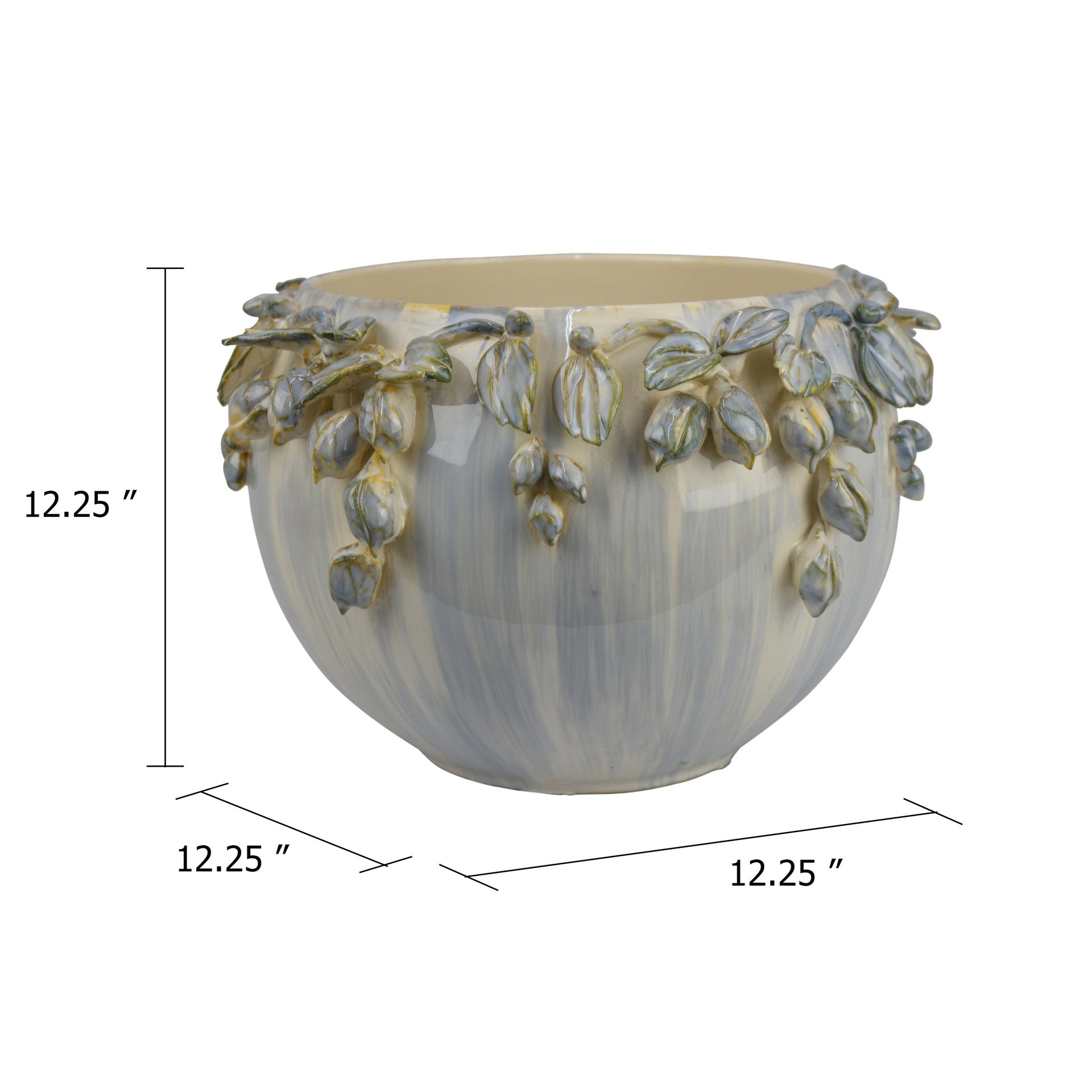 Decorative Bowl Planter, White Ceramic with Floral Garland Rim, 12 Inch