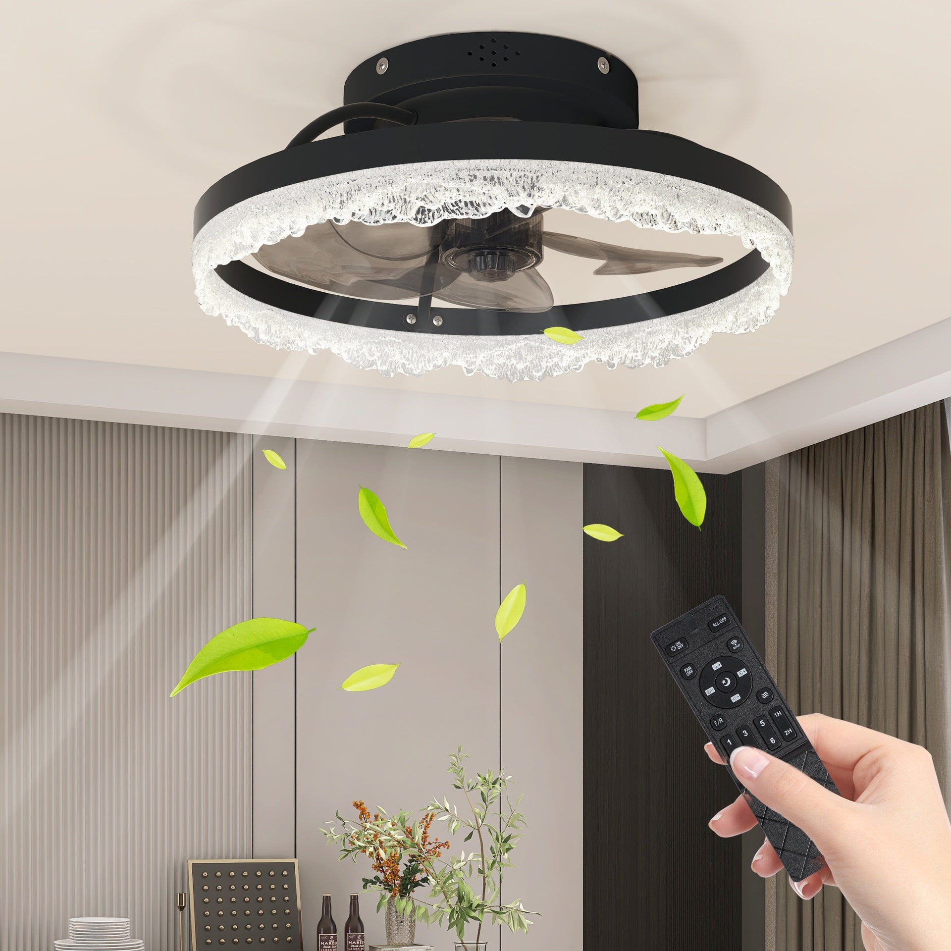 16" Decorative LED Ceiling Fan Light – Modern Flush Mount with Crystal-Inspired Acrylic Ring, Hidden Blades, Remote Control, and Dimmable Light for Stylish Homes (Black)