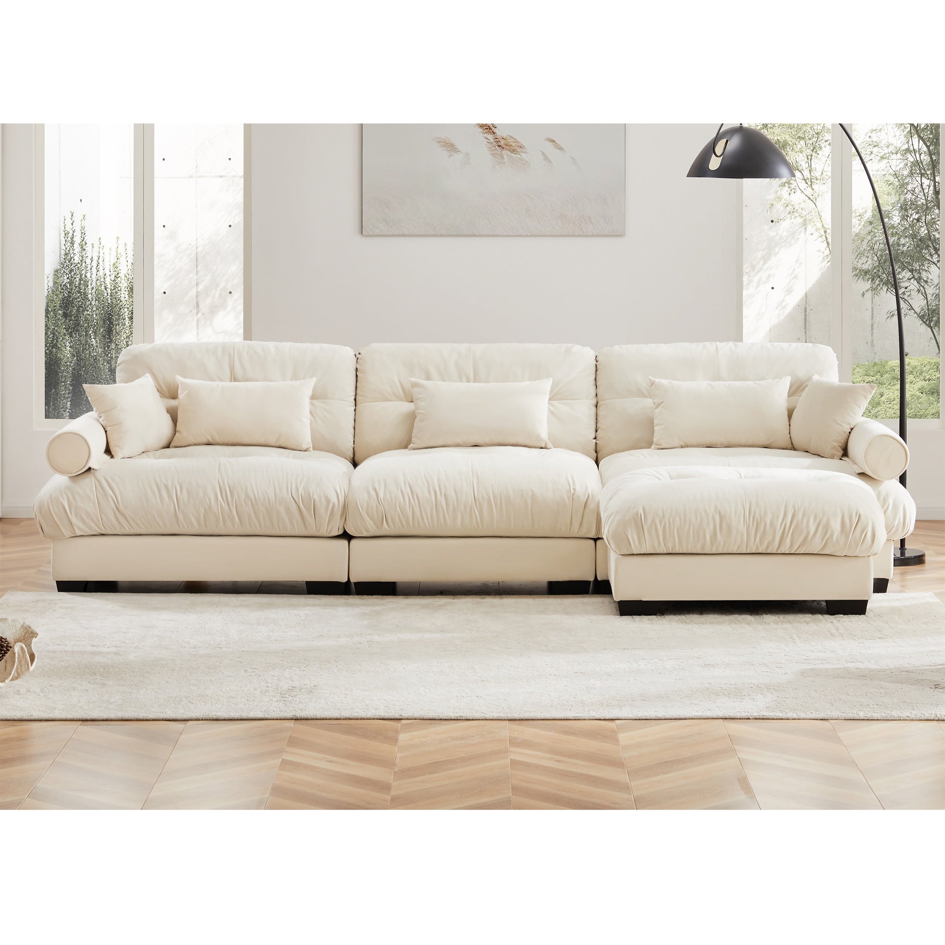 Super Comfort Oversized Modular Velvet Sectional Sofa Couch with Movable Ottoman,Corner Sectional with Bolstered Armrests, Deep Seat Cloud Couch, Convertible L Shaped Couch for Living Room Cream