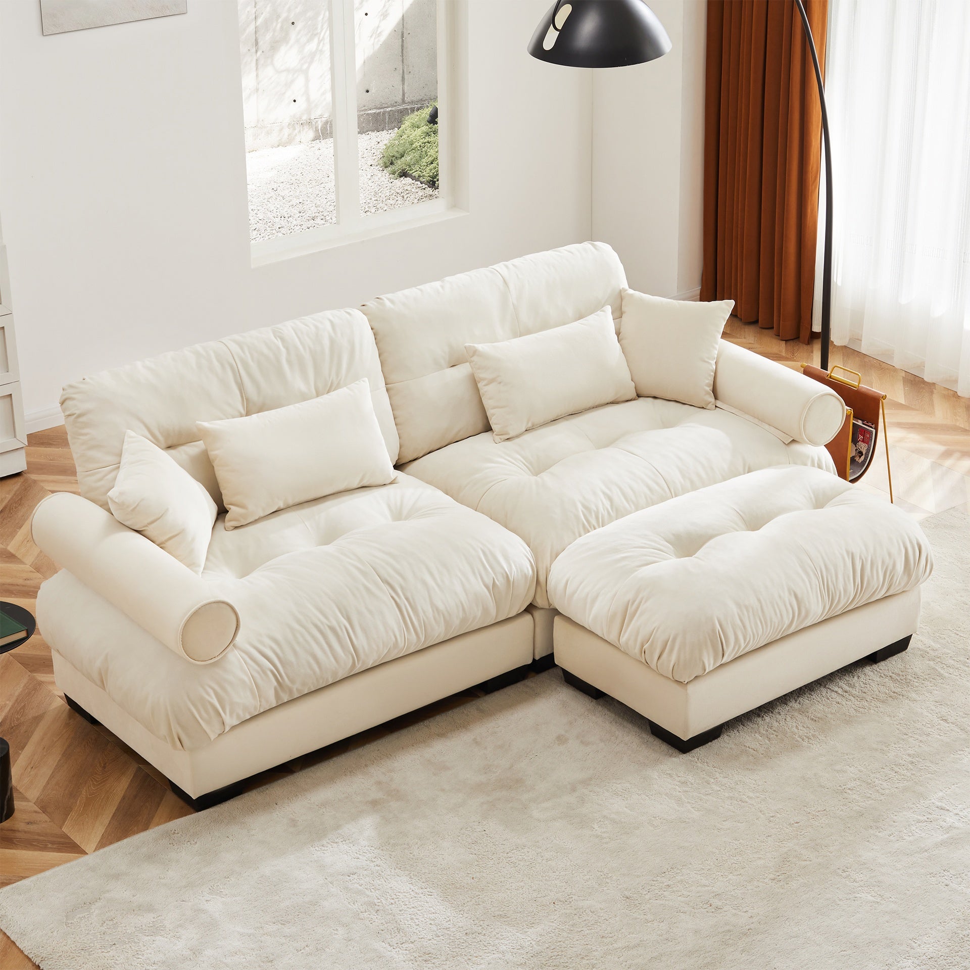 Over Size Modern Two-seater Sofa with Ottoman, Velvet 2-Seater with Round Bolster Armrests,With Waist Pillow and Throw Pillows,Small L Shape Sofa For Living Room, Reading Room , Loft and Bedroom,Cream