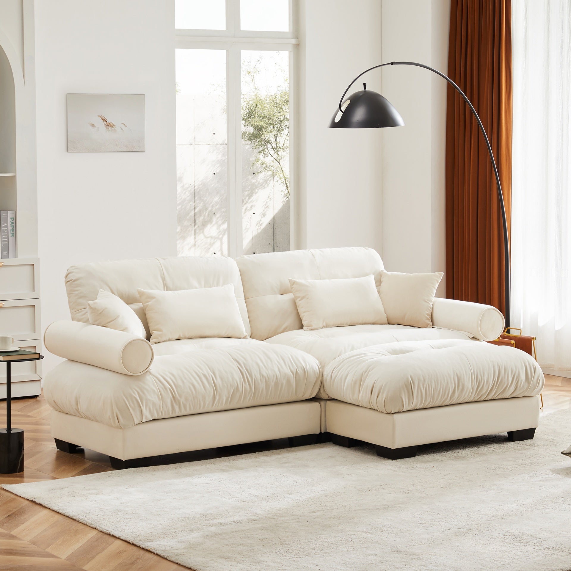 Over Size Modern Two-seater Sofa with Ottoman, Velvet 2-Seater with Round Bolster Armrests,With Waist Pillow and Throw Pillows,Small L Shape Sofa For Living Room, Reading Room , Loft and Bedroom,Cream