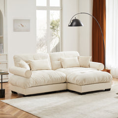Over Size Modern Two-seater Sofa with Ottoman, Velvet 2-Seater with Round Bolster Armrests,With Waist Pillow and Throw Pillows,Small L Shape Sofa For Living Room, Reading Room , Loft and Bedroom,Cream