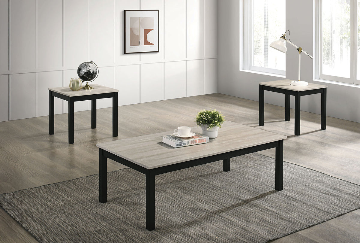 Light Gray Finish 3pc Table Set 1x Coffee Table 2x End Table Faux Marble Top Wooden Legs Primary Living Room