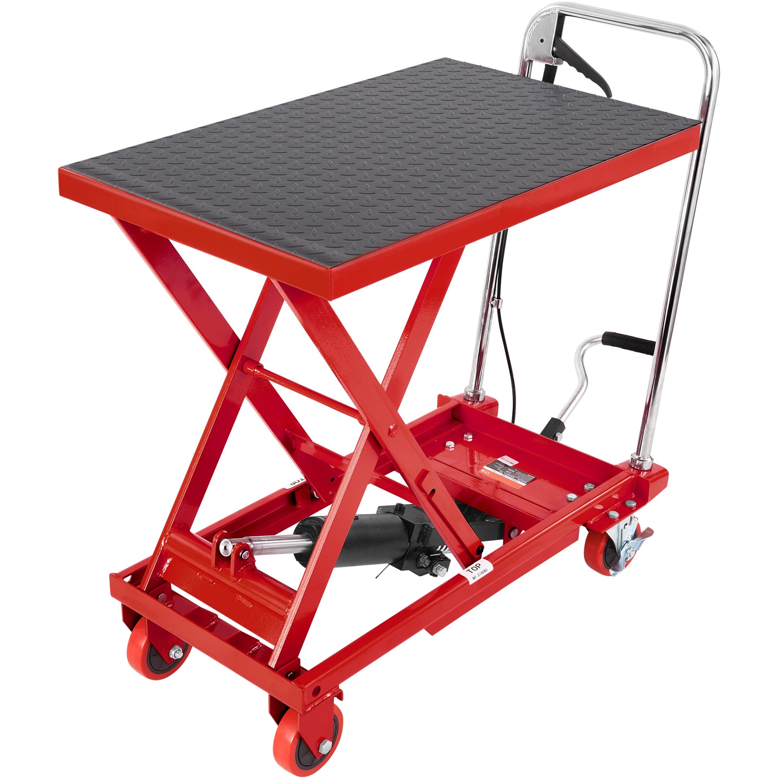 Hydraulic Lift Table Cart, 500lbs Capacity 28.5" Lifting Height, Manual Single Scissor Lift Table with 4 Wheels and Non-slip Pad, Hydraulic Scissor Cart for Material Handling, Red