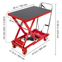 Hydraulic Lift Table Cart, 500lbs Capacity 28.5" Lifting Height, Manual Single Scissor Lift Table with 4 Wheels and Non-slip Pad, Hydraulic Scissor Cart for Material Handling, Red