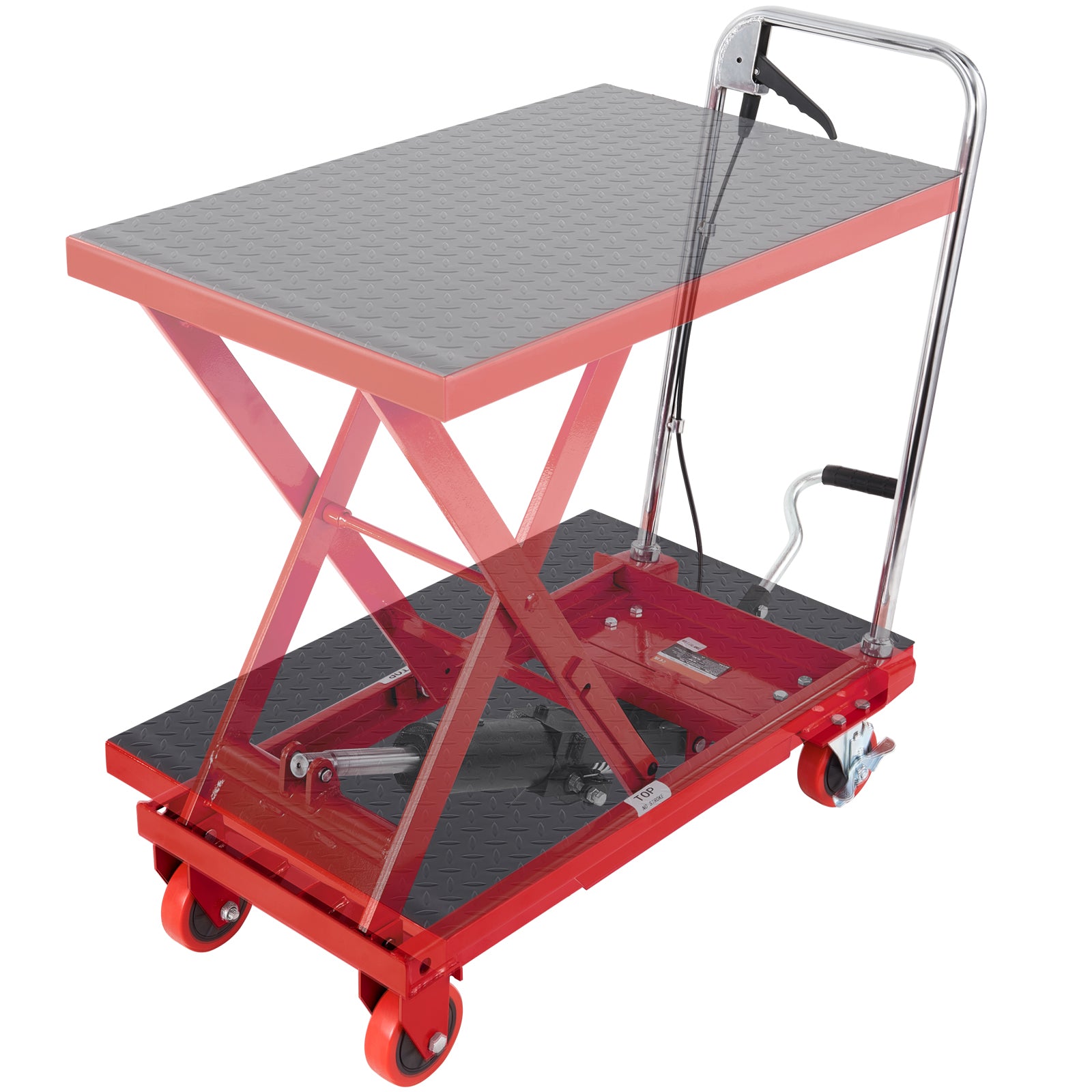 Hydraulic Lift Table Cart, 500lbs Capacity 28.5" Lifting Height, Manual Single Scissor Lift Table with 4 Wheels and Non-slip Pad, Hydraulic Scissor Cart for Material Handling, Red