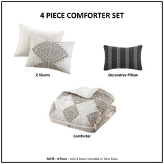 4 Piece Printed Comforter Set with Throw Pillow Black/Ivory King/Cal King