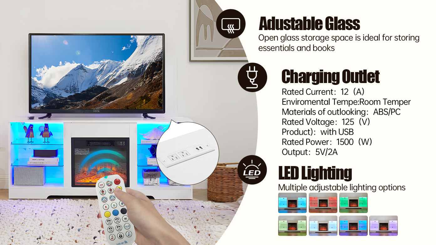 TV Stand Electric Fireplace TV Stand with Glass Shelves, 3D Fireplace TV Stand with LED Lights Wood with USB Charging Outlet Modern Television Table Center for TV up to 32-62" White 58''W*15.4''D*24.4