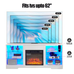 TV Stand Electric Fireplace TV Stand with Glass Shelves, 3D Fireplace TV Stand with LED Lights Wood with USB Charging Outlet Modern Television Table Center for TV up to 32-62" White 58''W*15.4''D*24.4