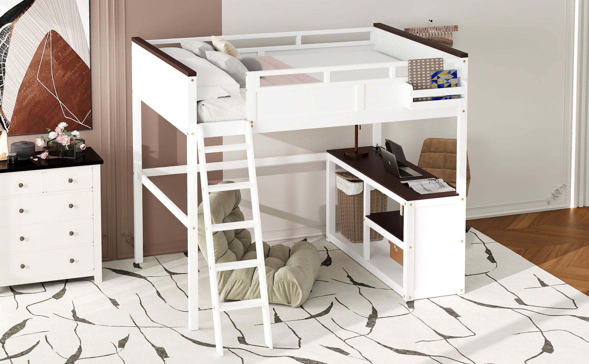 Queen Size Loft Bed with Desk,Open Shelf and a Storage Box,USB Charging Station,White