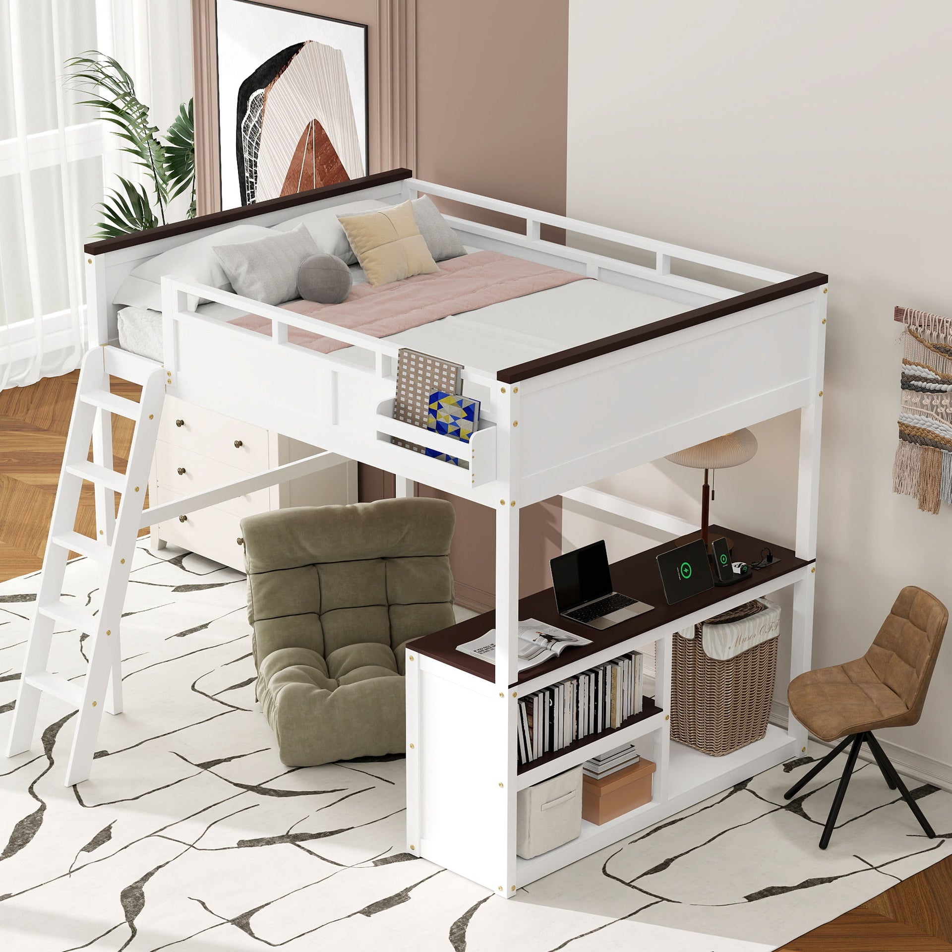 Queen Size Loft Bed with Desk,Open Shelf and a Storage Box,USB Charging Station,White
