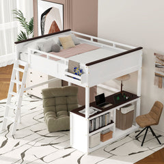 Queen Size Loft Bed with Desk,Open Shelf and a Storage Box,USB Charging Station,White