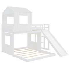 Wooden Twin Over Full Bunk Bed, Loft Bed with Playhouse, Farmhouse, Ladder, Slide and Guardrails, White