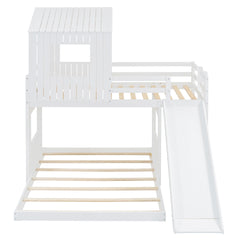 Wooden Twin Over Full Bunk Bed, Loft Bed with Playhouse, Farmhouse, Ladder, Slide and Guardrails, White