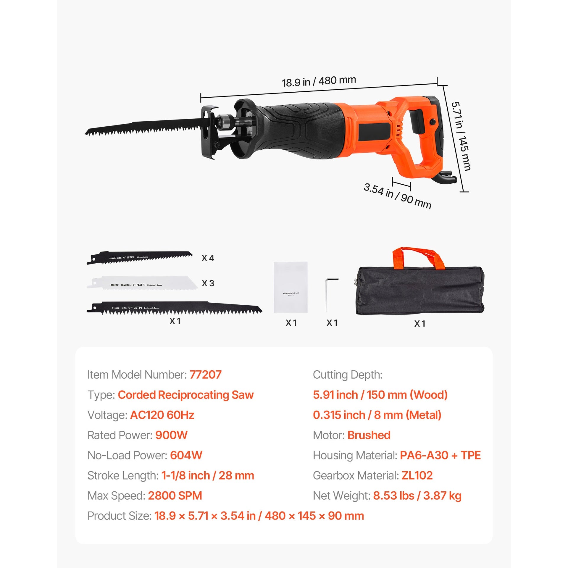 Corded Reciprocating Saw, 120 Volt 7.5 Amp, 2800 SPM Variable Speed, 1-1/8 inch Stroke Length, Electric Reciprocating Saw with 8 Blades and Carrying Bag, for Wood, Metal, and Plastic Cutting