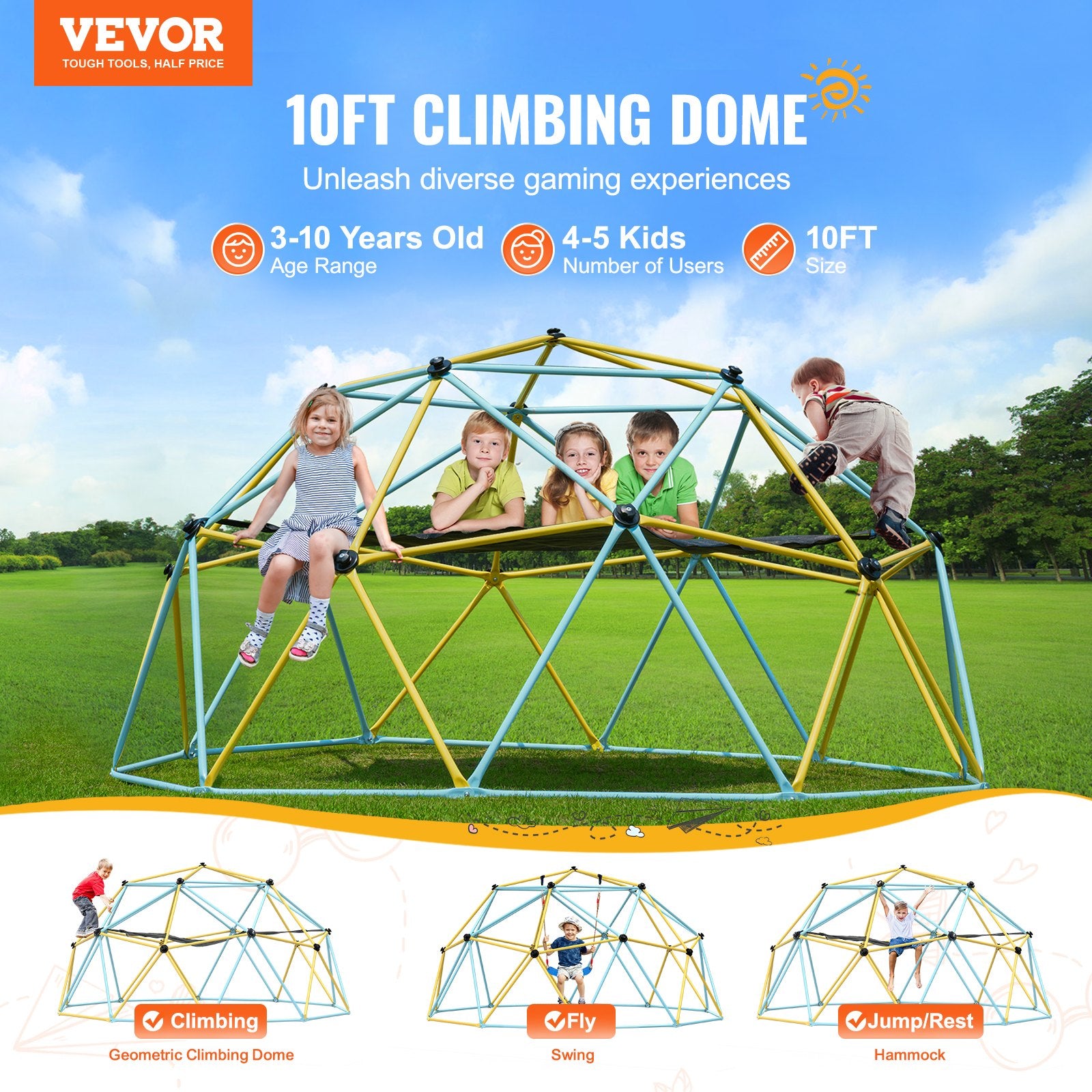 Climbing Dome, for Kids 3 to 10 Years Old,10FT Geometric Dome Climber with Hammock and Swing,  Jungle Gym Supports 750LBS and Easy Assembly, with Climbing Grip, Outdoor Backyard Play Equipment