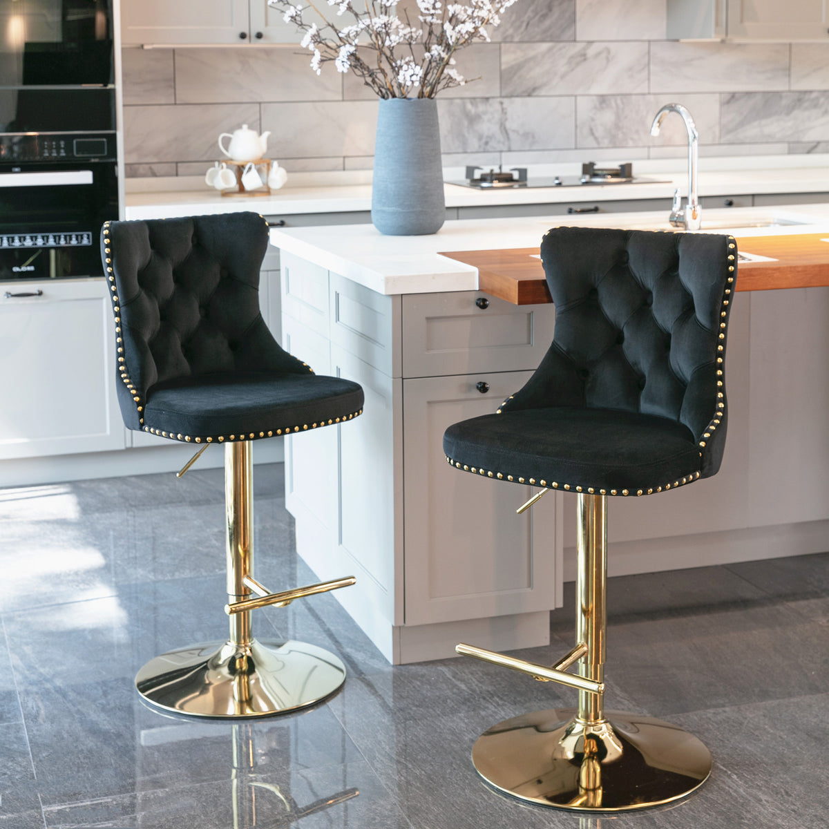 A&amp;A Furniture,Golden Swivel Velvet Barstools Adjusatble Seat Height from 25-33 Inch, Modern Upholstered Bar Stools with Backs Comfortable Tufted for Home Pub and Kitchen Island（Black,Set of 2）