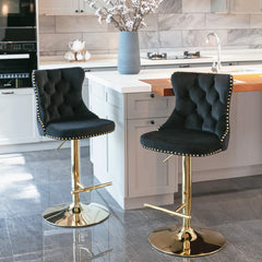 A&amp;A Furniture,Golden Swivel Velvet Barstools Adjusatble Seat Height from 25-33 Inch, Modern Upholstered Bar Stools with Backs Comfortable Tufted for Home Pub and Kitchen Island（Black,Set of 2）