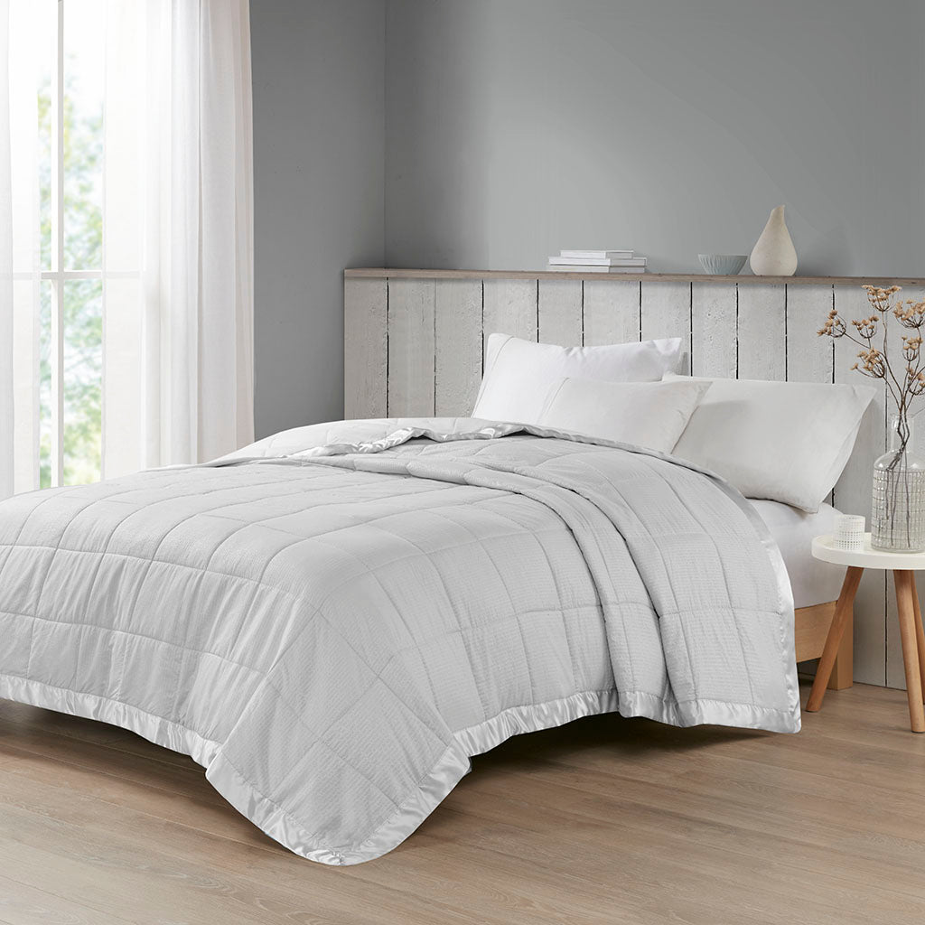 Oversized Down Alternative Blanket with Satin Trim Grey Full/Queen
