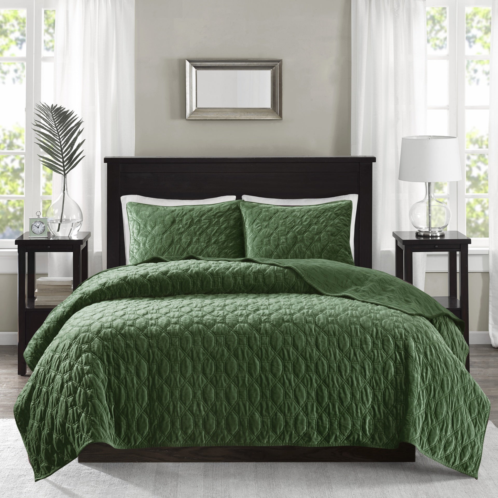 3 Piece Velvet Quilt Set Green King/Cal King