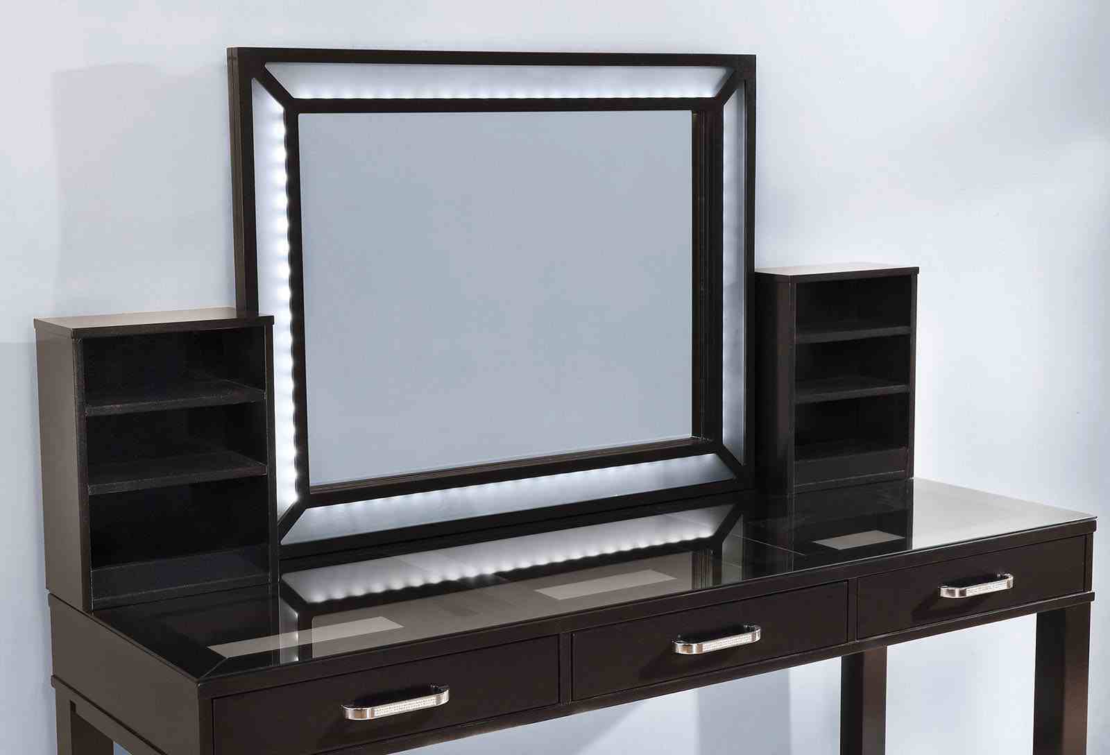 Glam Style 1pc Vanity w/ Stool Set Tempered Glass Top Central Mirror Storage Drawers Padded Stool Obsidian Gray Finish