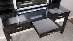 Glam Style 1pc Vanity w/ Stool Set Tempered Glass Top Central Mirror Storage Drawers Padded Stool Obsidian Gray Finish