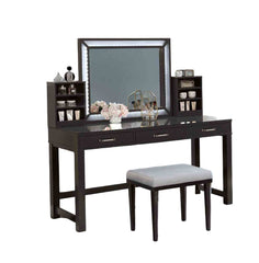 Glam Style 1pc Vanity w/ Stool Set Tempered Glass Top Central Mirror Storage Drawers Padded Stool Obsidian Gray Finish