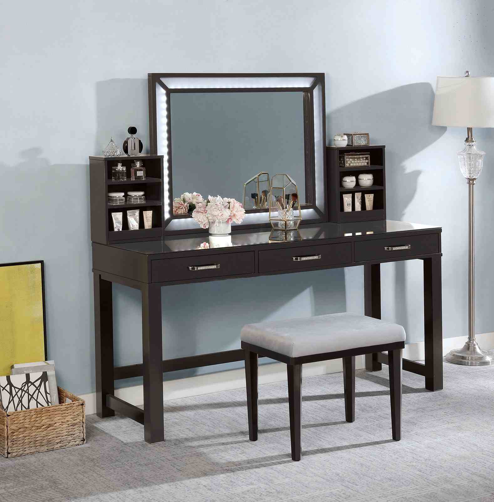 Glam Style 1pc Vanity w/ Stool Set Tempered Glass Top Central Mirror Storage Drawers Padded Stool Obsidian Gray Finish
