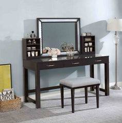 Glam Style 1pc Vanity w/ Stool Set Tempered Glass Top Central Mirror Storage Drawers Padded Stool Obsidian Gray Finish