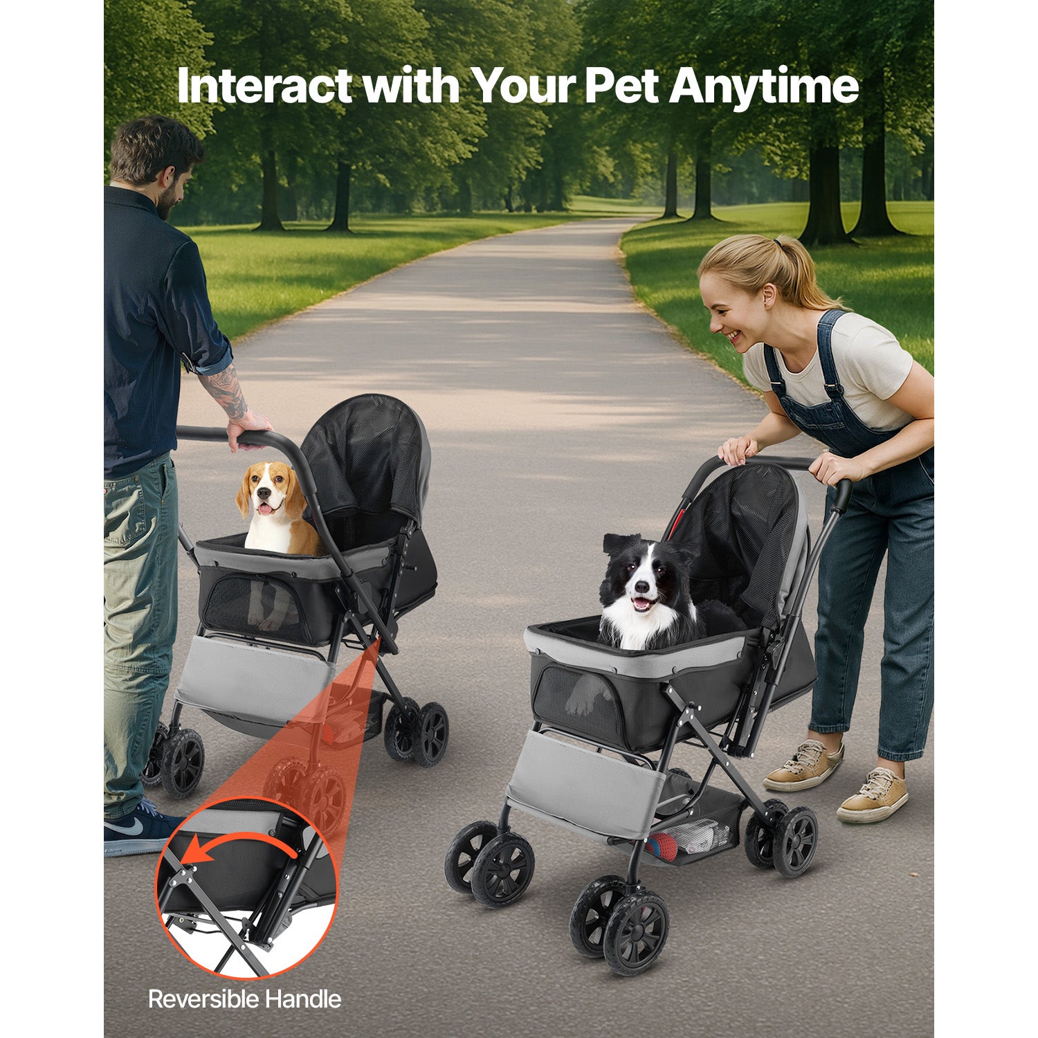 Pet Stroller Foldable 4 Wheels Travel Dog Stroller Reversible Handle up to 44lbs